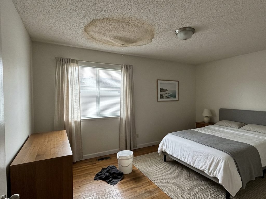 Example of a water-stained bedroom ceiling with a bucket on the floor
