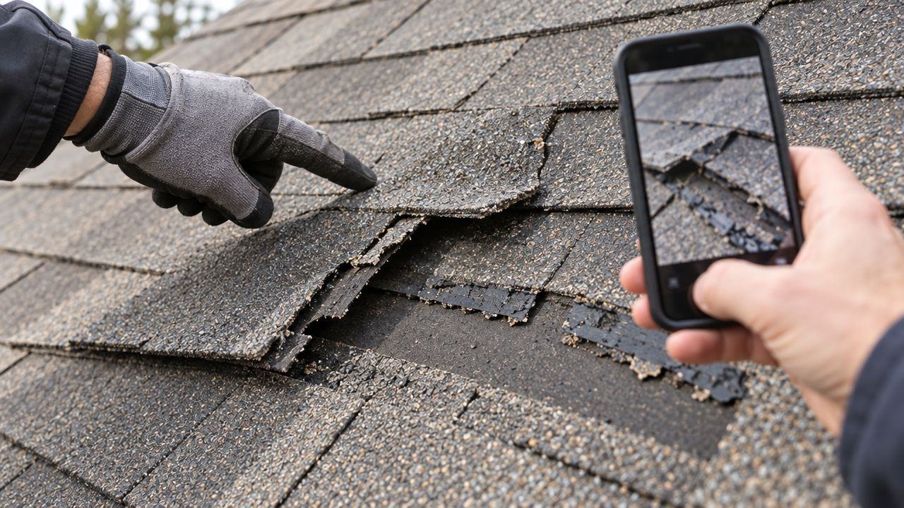 Example of damaged shingles being photographed