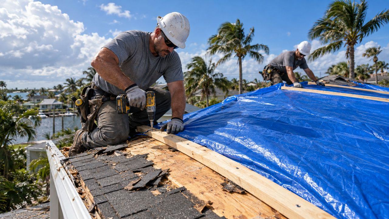 Example of roofers fastening a blue tarp with wood battens